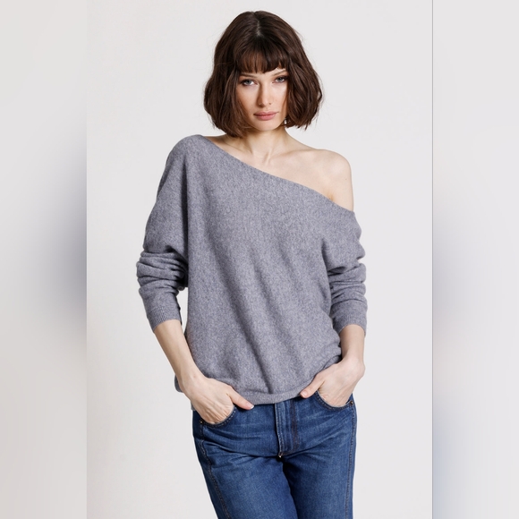 Minnie Rose Gray Off-the-Shoulder 100% Cashmere Sweater...